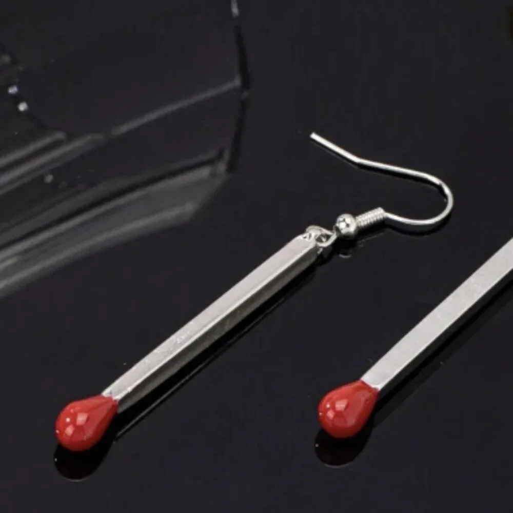 Silver Matchstick Minimalist Trendy Streetwear Dangle Earrings NEW - Picture 2 of 6